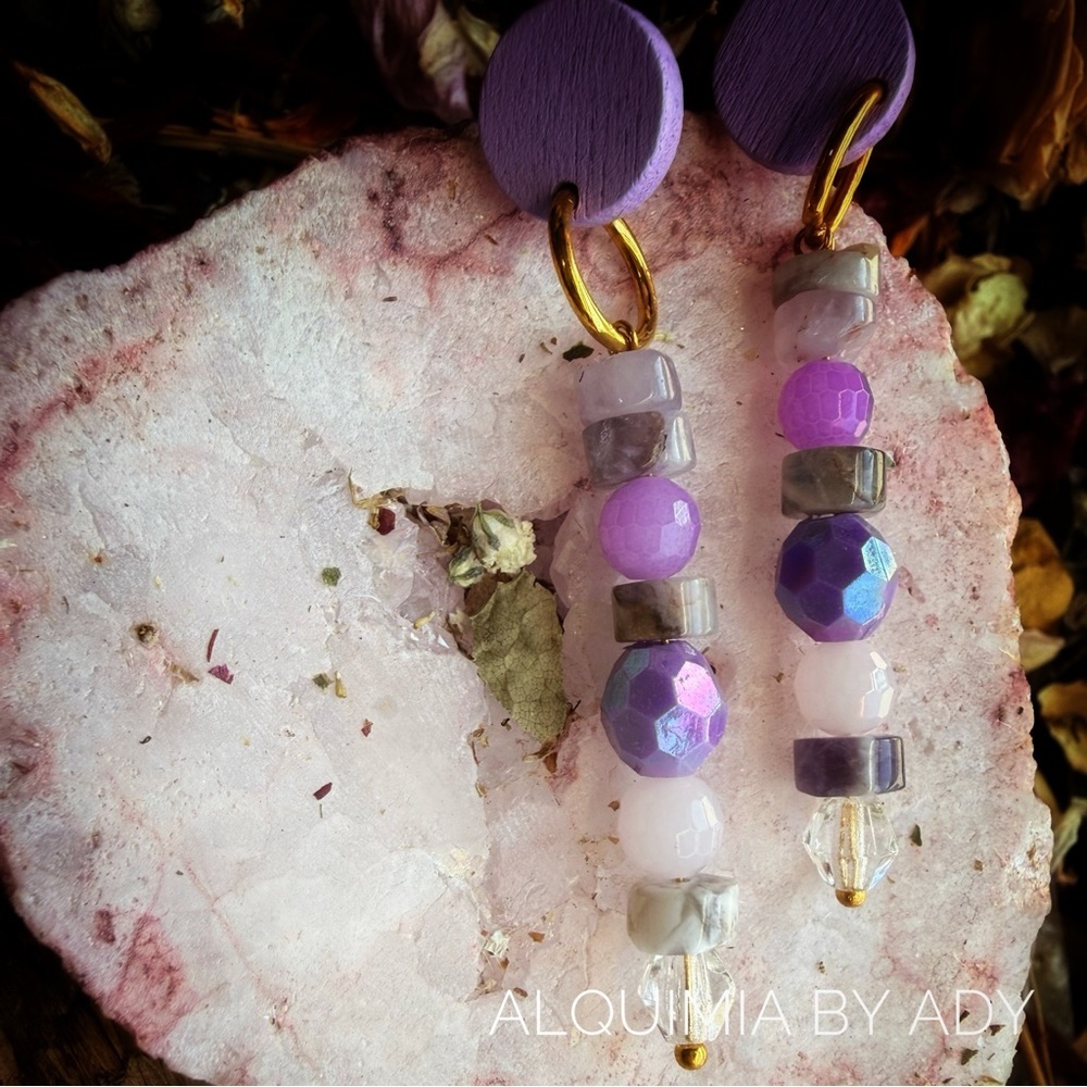 Amethyst wood Purple crystal and Gold Beaded Earrings